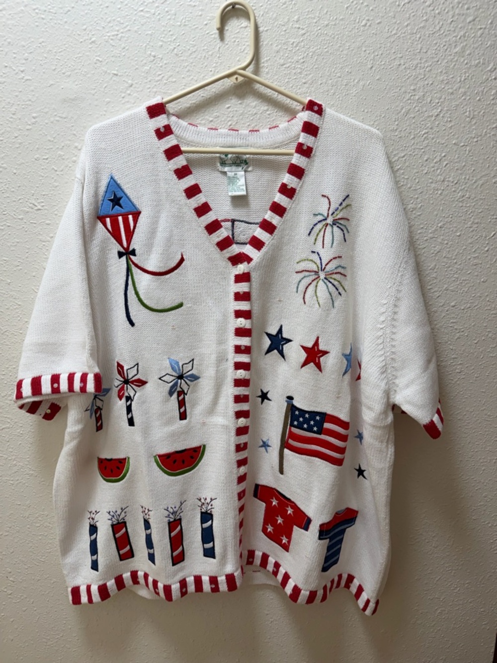 Patriotic White Button-Down Knit Top with Red Trim